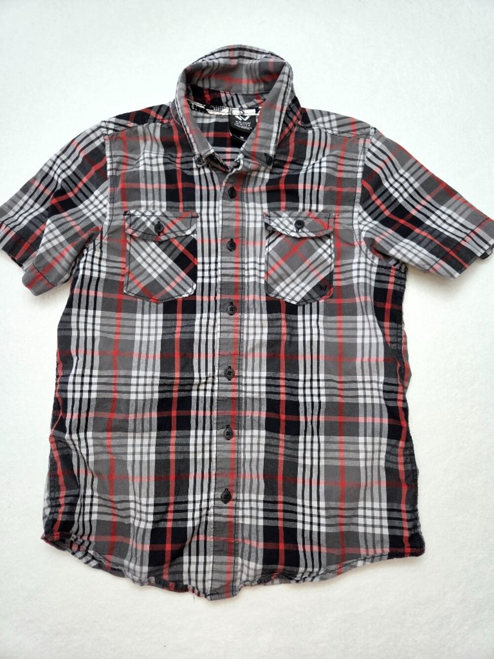 Shaun White Boys Plaid Short Sleeve Button Down Shirt Medium Red Gray Black